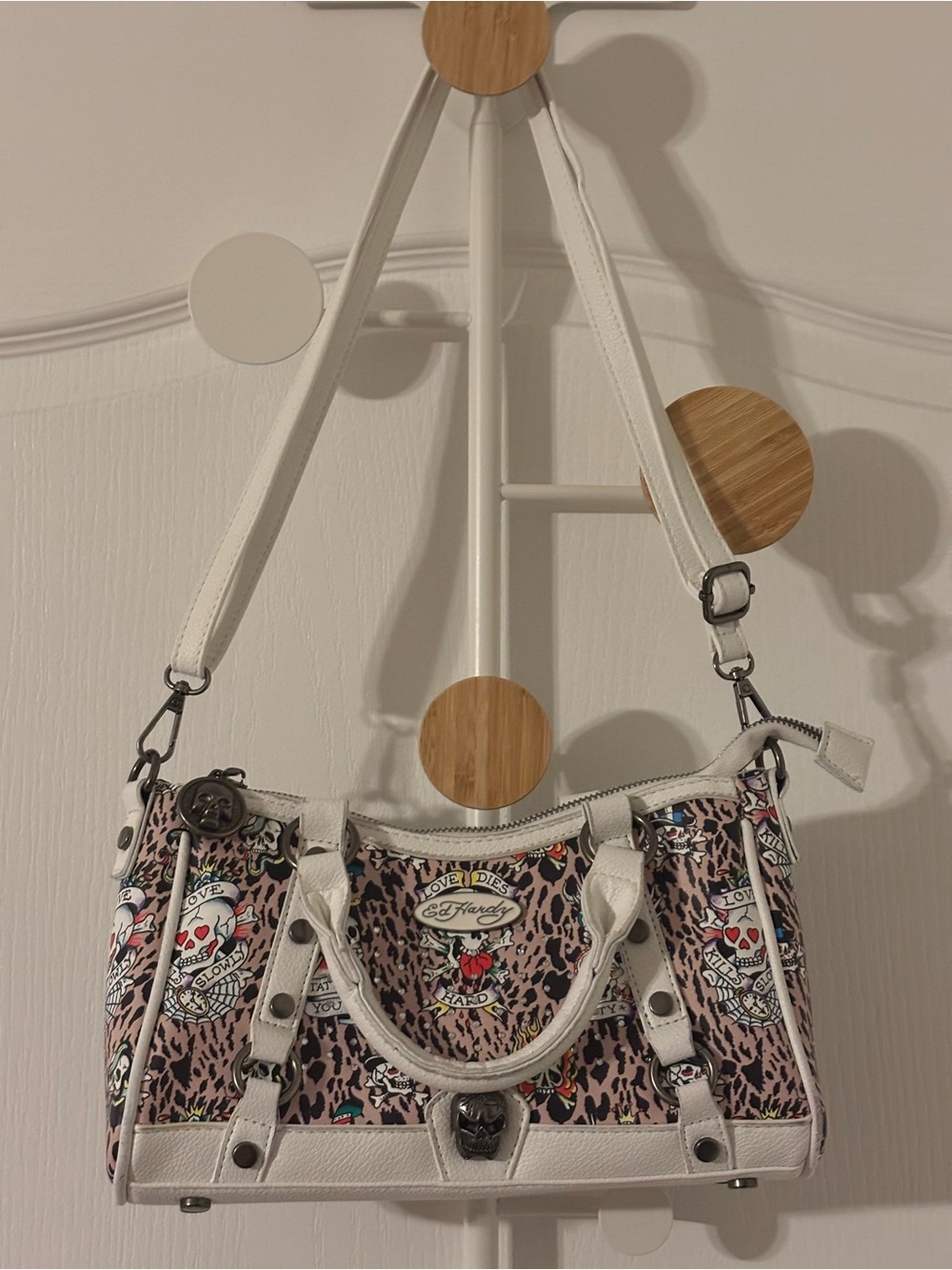 Ed Hardy White & Leopard Print Tattoo Skull Handbag